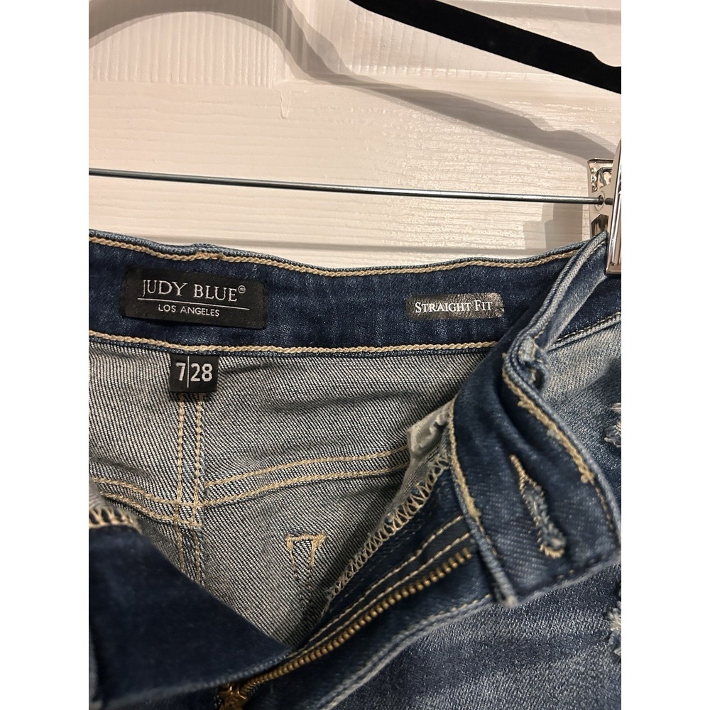 Judy Blue 7/28 Straight Fit Dark Wash Distress Raw Hem Blue Jeans Denim - Picture 5 of 13